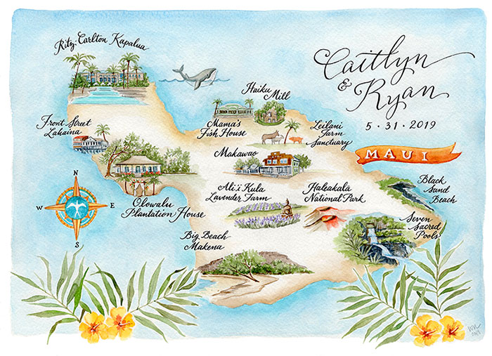 watercolor Maui wedding map
